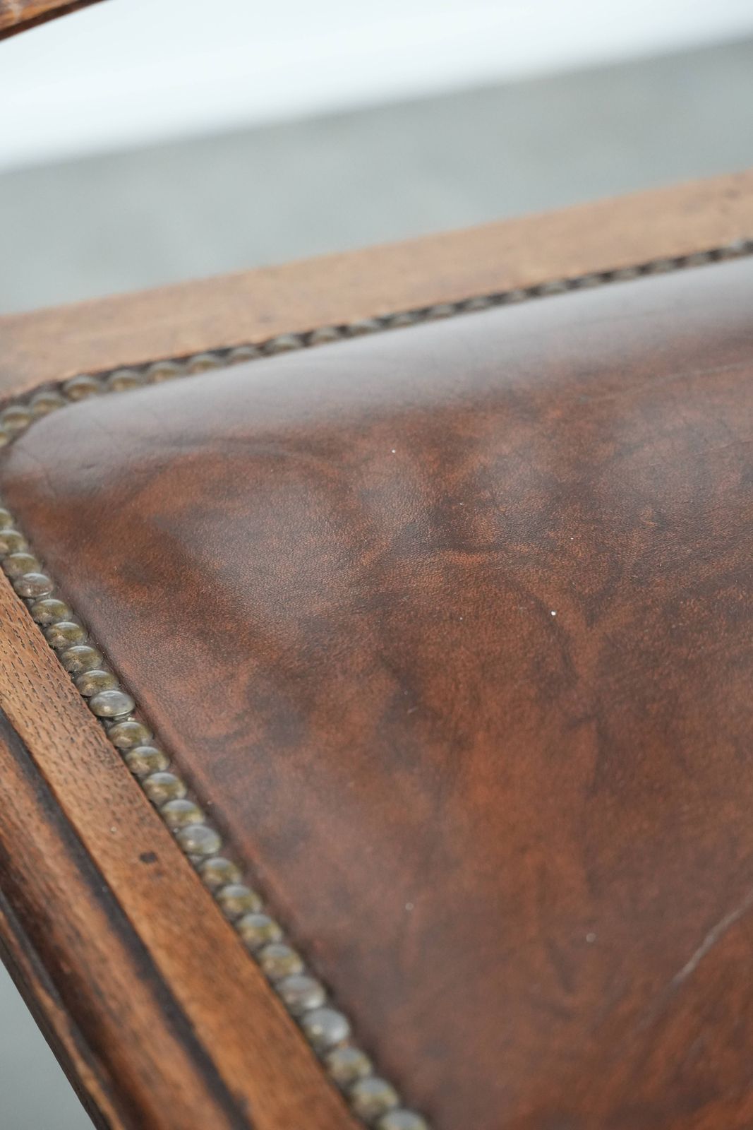 photo vinterior Set Of Four Antique Oak Dining Chairs In Art Nouveau Style With Cognac Colored Cowhide