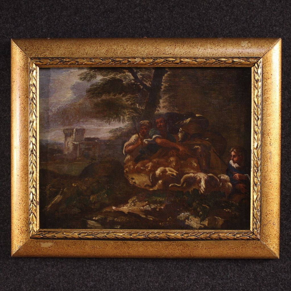 Antique Italian Painting From The 18th Century, Landscape With Pastoral Scene