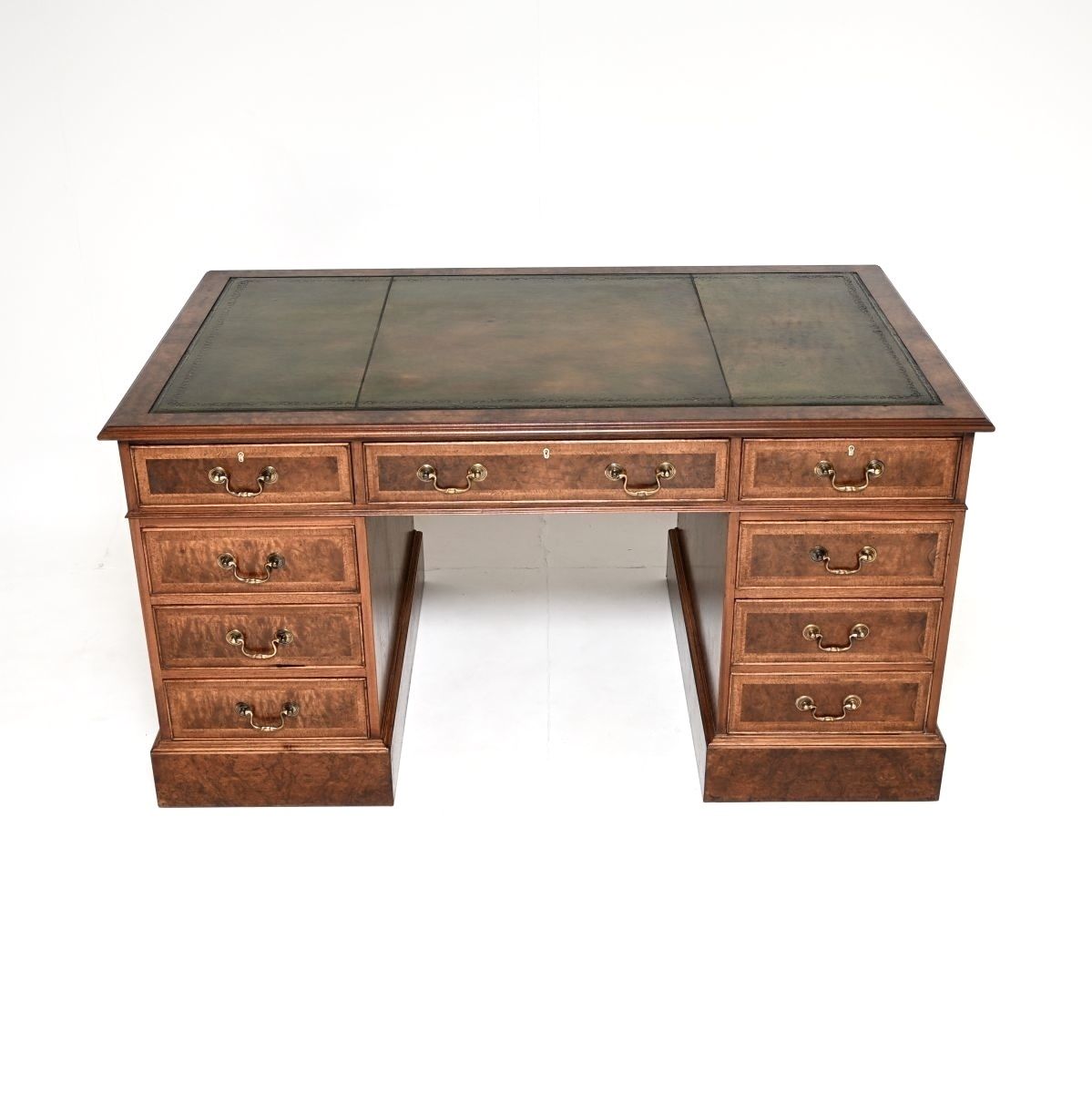 Antique Burr Walnut Leather Top Pedestal Desk photo furniture