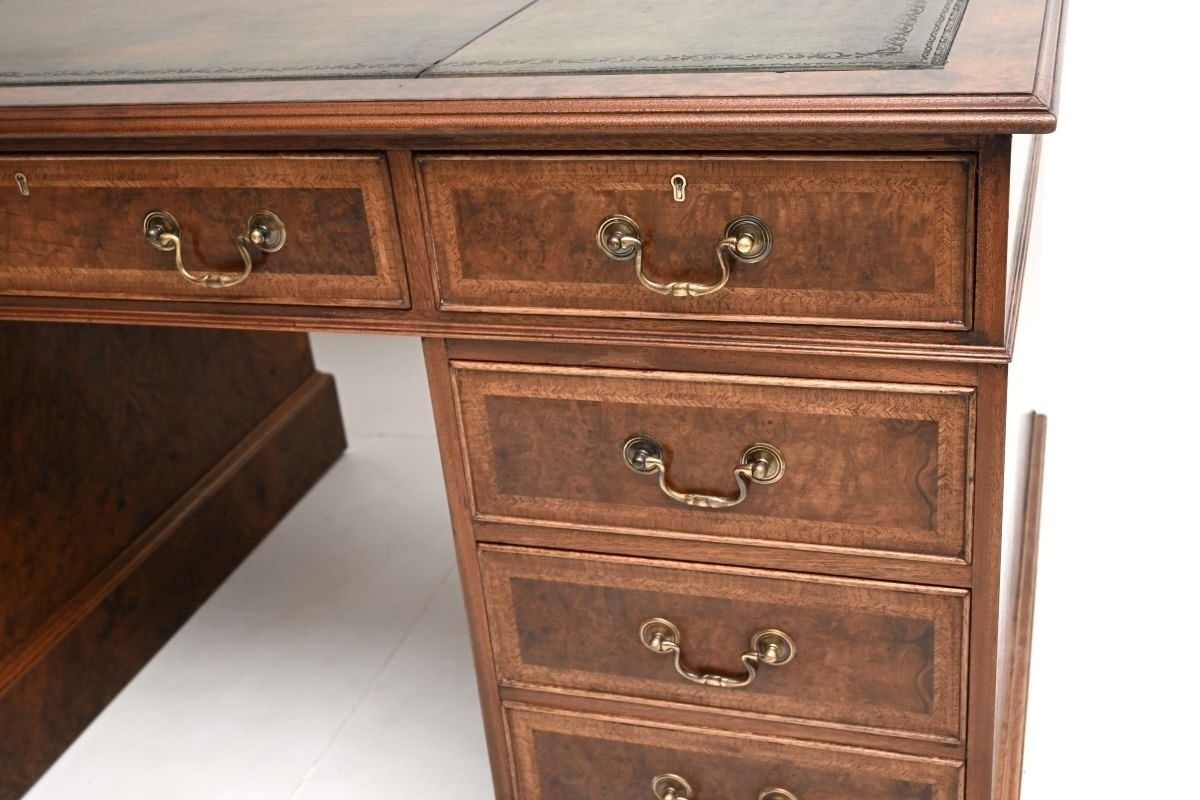 Antique Burr Walnut Leather Top Pedestal Desk photo Furniture