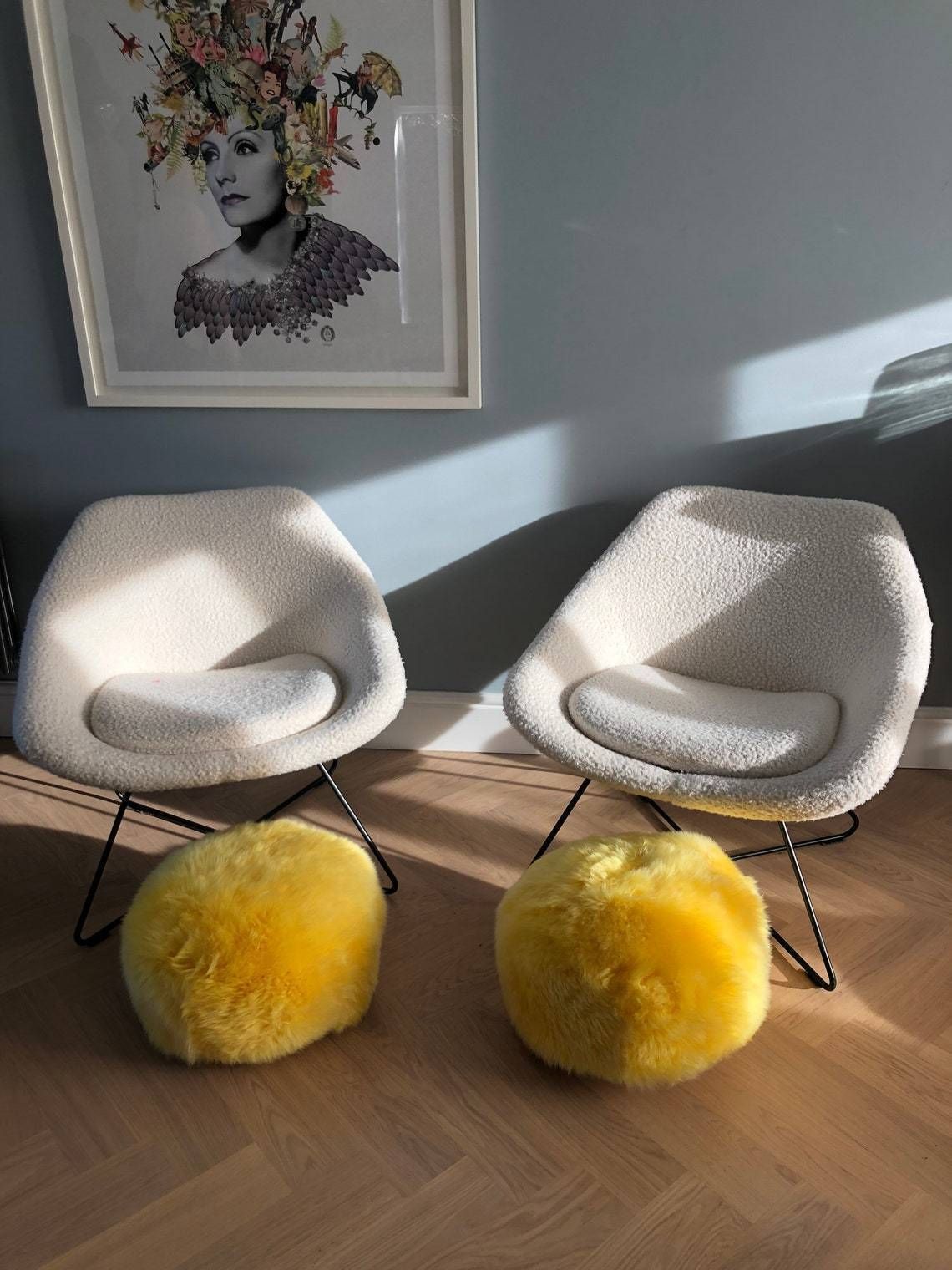 Sunshine Yellow Sheepskin Pouffe  Sheepskin Pouffe Yellow Furry Pouffe Footstool Pouffe Bright Yellow Pouffe photo Furniture