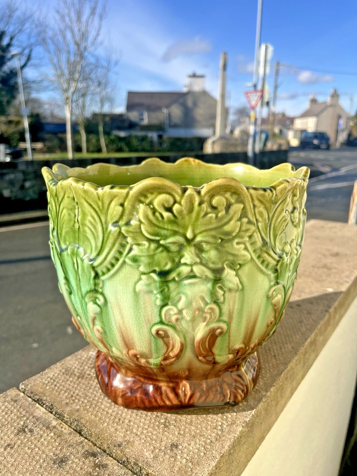 Antique English Majolica Mask Green Man Jardiniere Plant Pot Thomas Forester ? photo 295.0