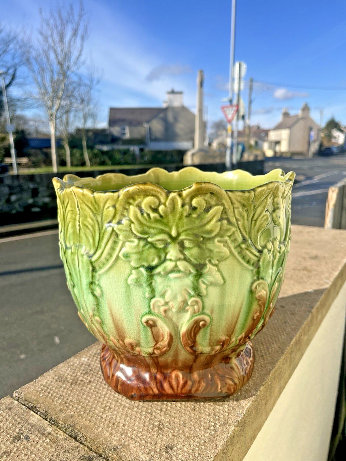 Antique English Majolica Mask Green Man Jardiniere Plant Pot Thomas Forester ? photo buy