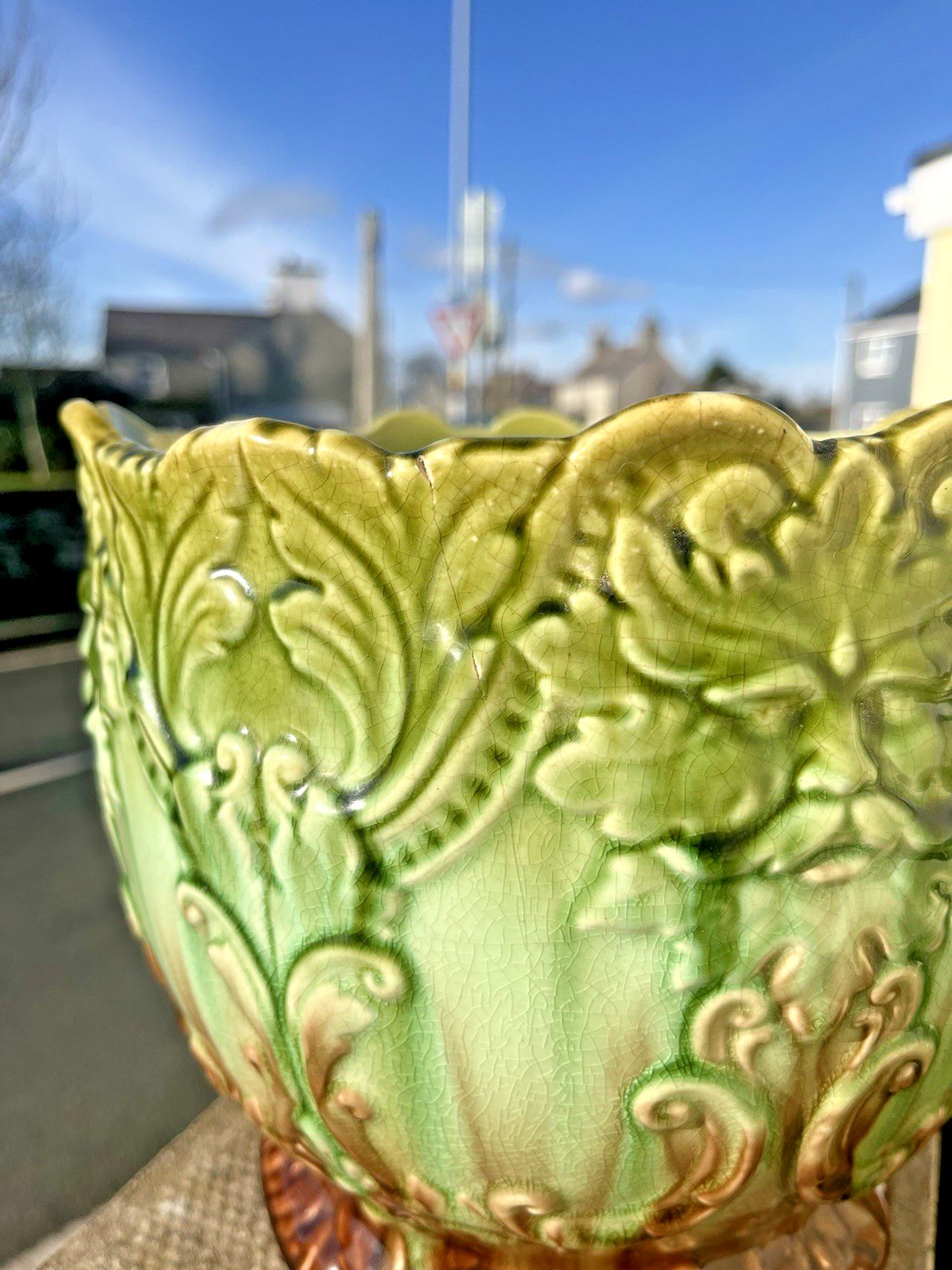 Antique English Majolica Mask Green Man Jardiniere Plant Pot Thomas Forester ? photo vintage
