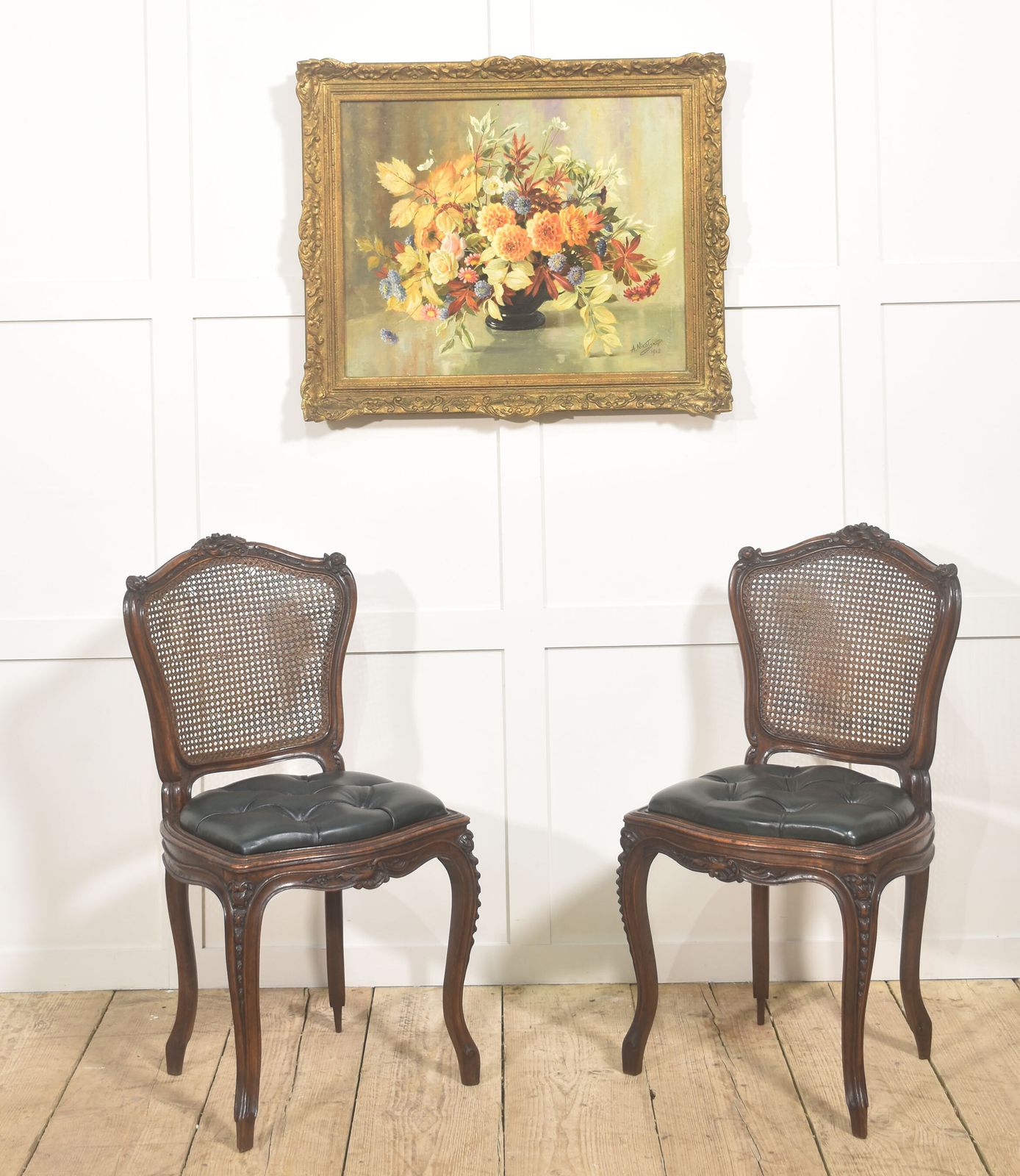 Pair Of Louis XV Style Carved Walnut And Caned Side Chairs
