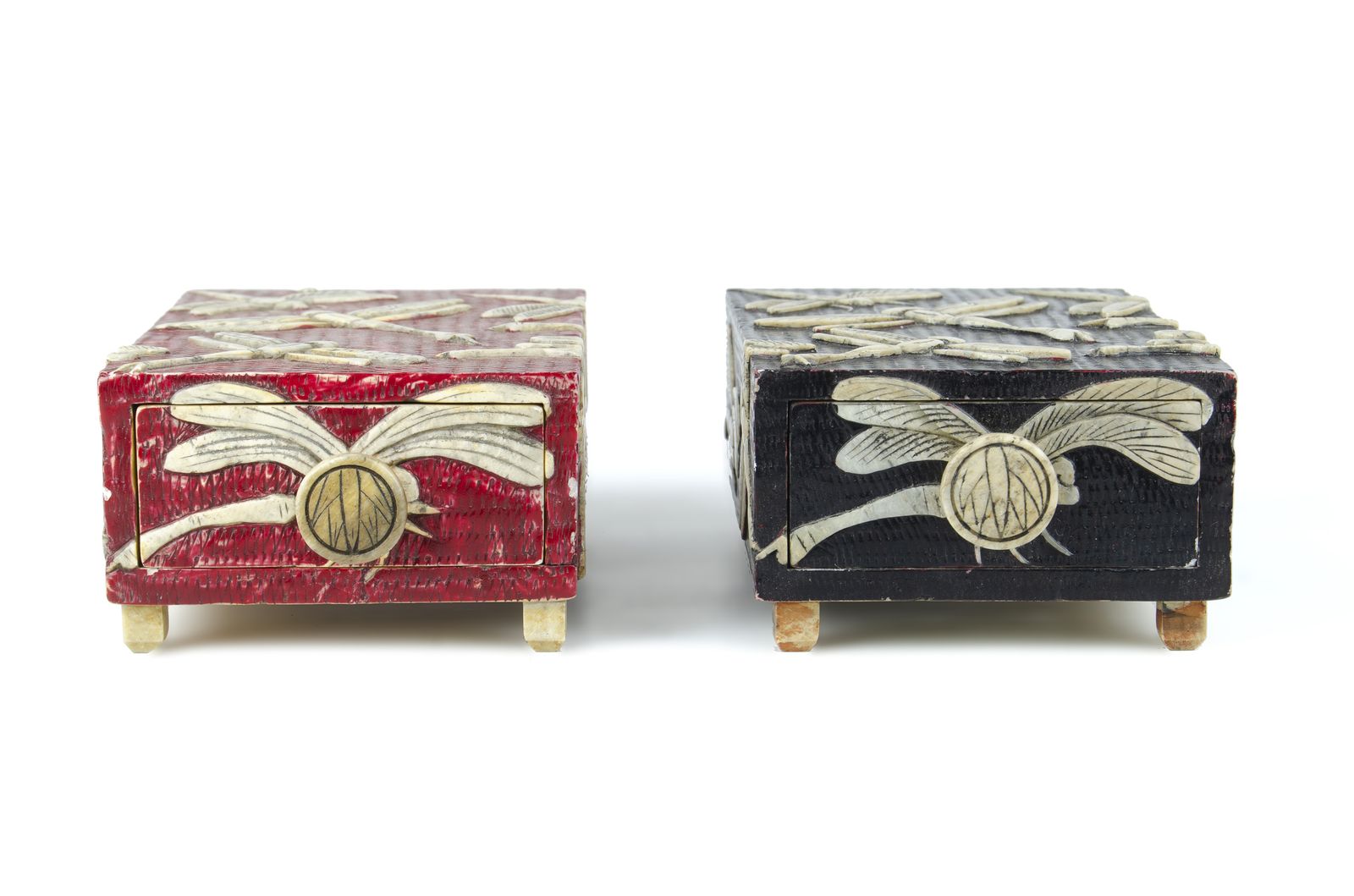 Pair Of Mid 20th Century Wood Jewelry Boxes With Carved Soapstone Dragonflies, Vietnam photo furniture