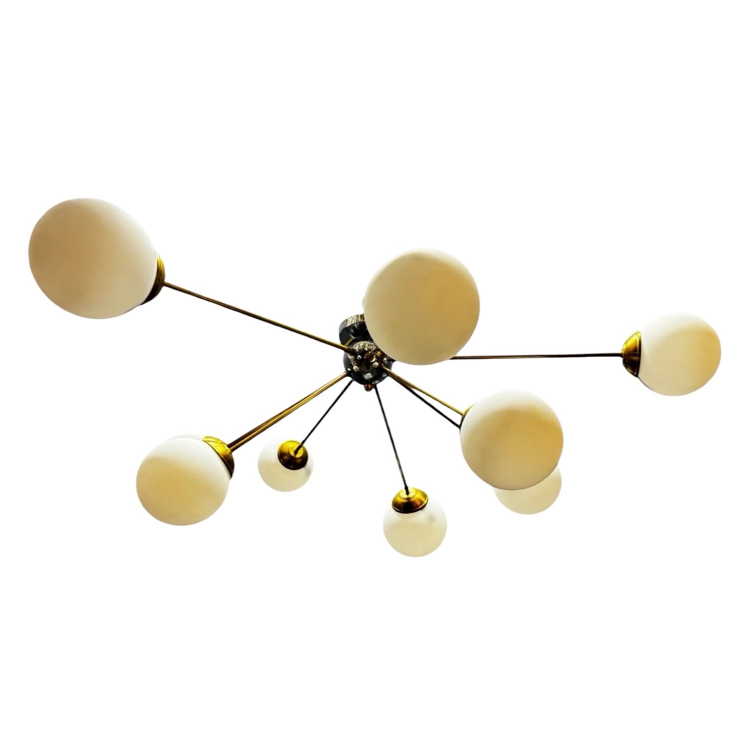 Post Modern Sputnik Chandelier In Brass And Opaline Glass, Italy, 1980s/90s