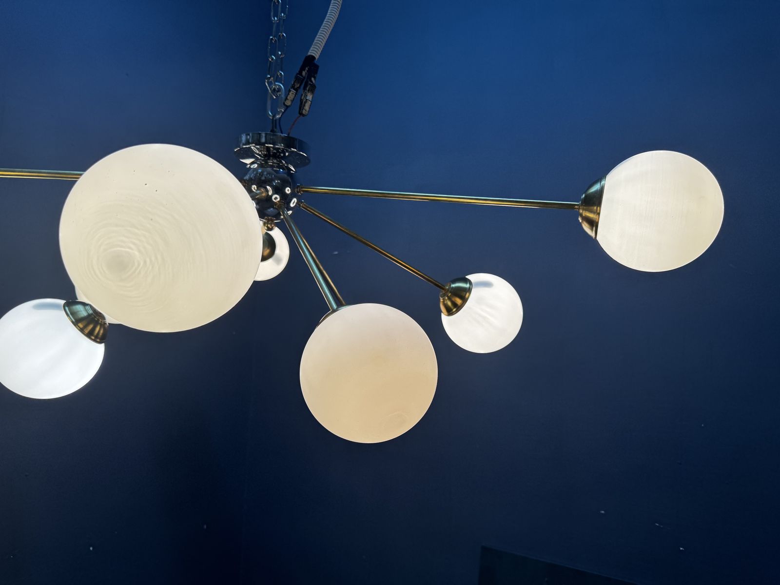 Post Modern Sputnik Chandelier In Brass And Opaline Glass, Italy, 1980s/90s photo 1300.0