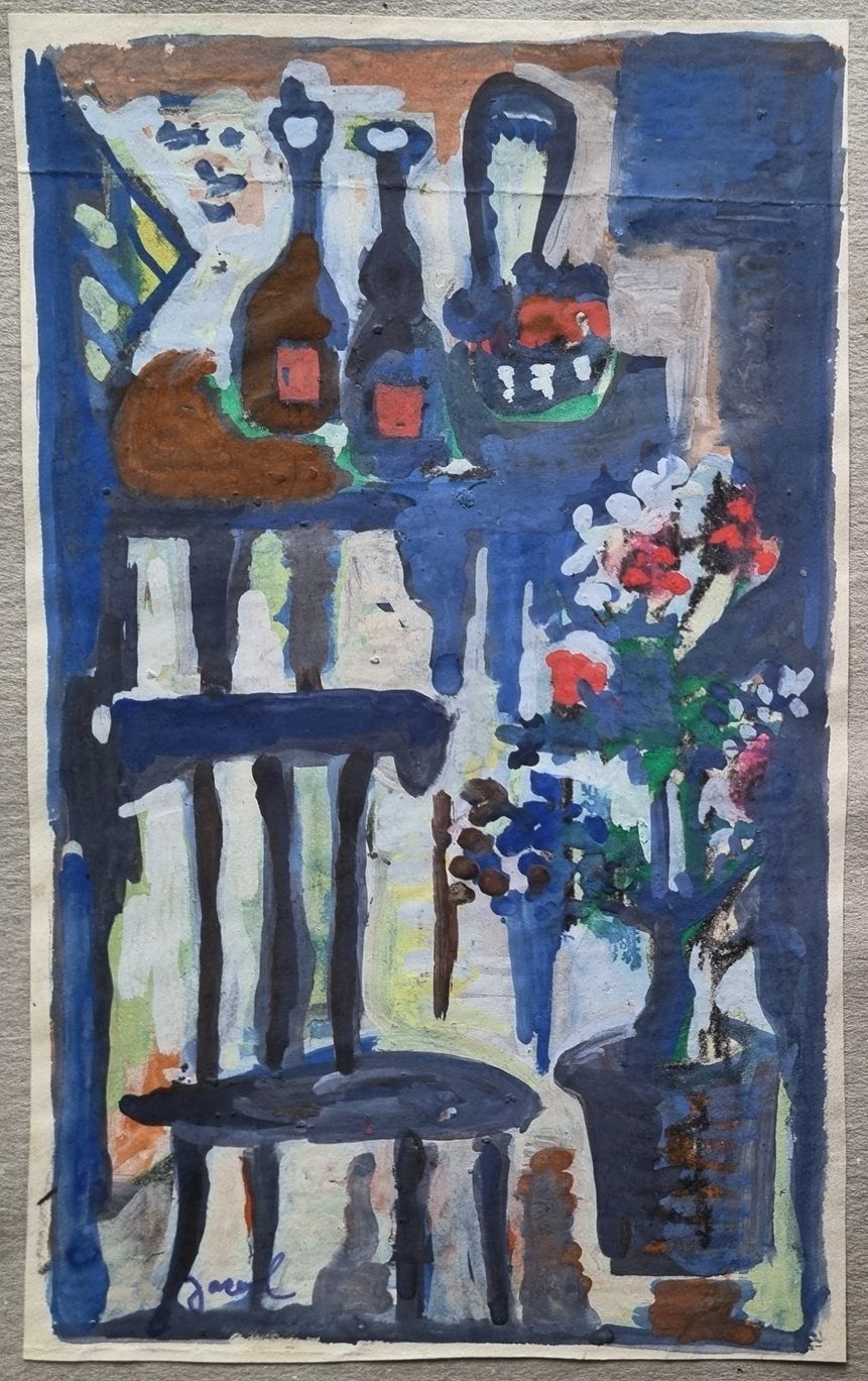 Jacob Bornfriend   Interior (1960s Painting In Gouache)
