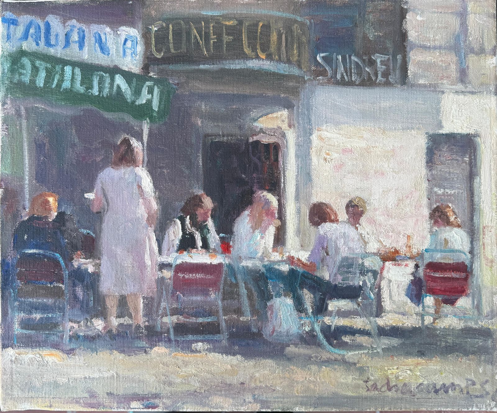 Angel Badia Camps Paris Café Terrace Scene Oil Painting European Post Impressionist Figurative Art C.1980