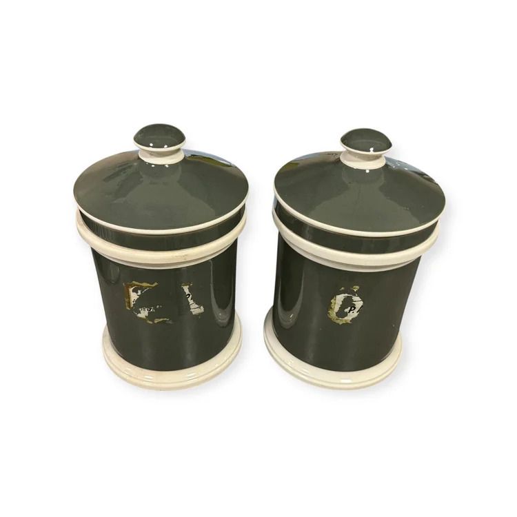 Pair Of 19th Century French Apothecary Jars Green Glazed Pharmacy Pots With Original Labels France, 19th Century photo furniture