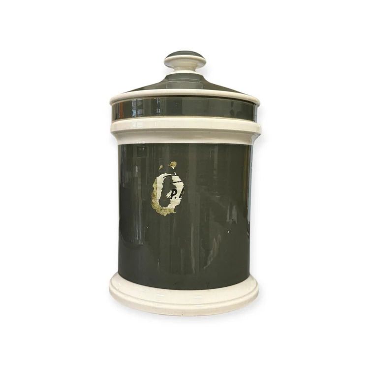 Pair Of 19th Century French Apothecary Jars Green Glazed Pharmacy Pots With Original Labels France, 19th Century photo for sale