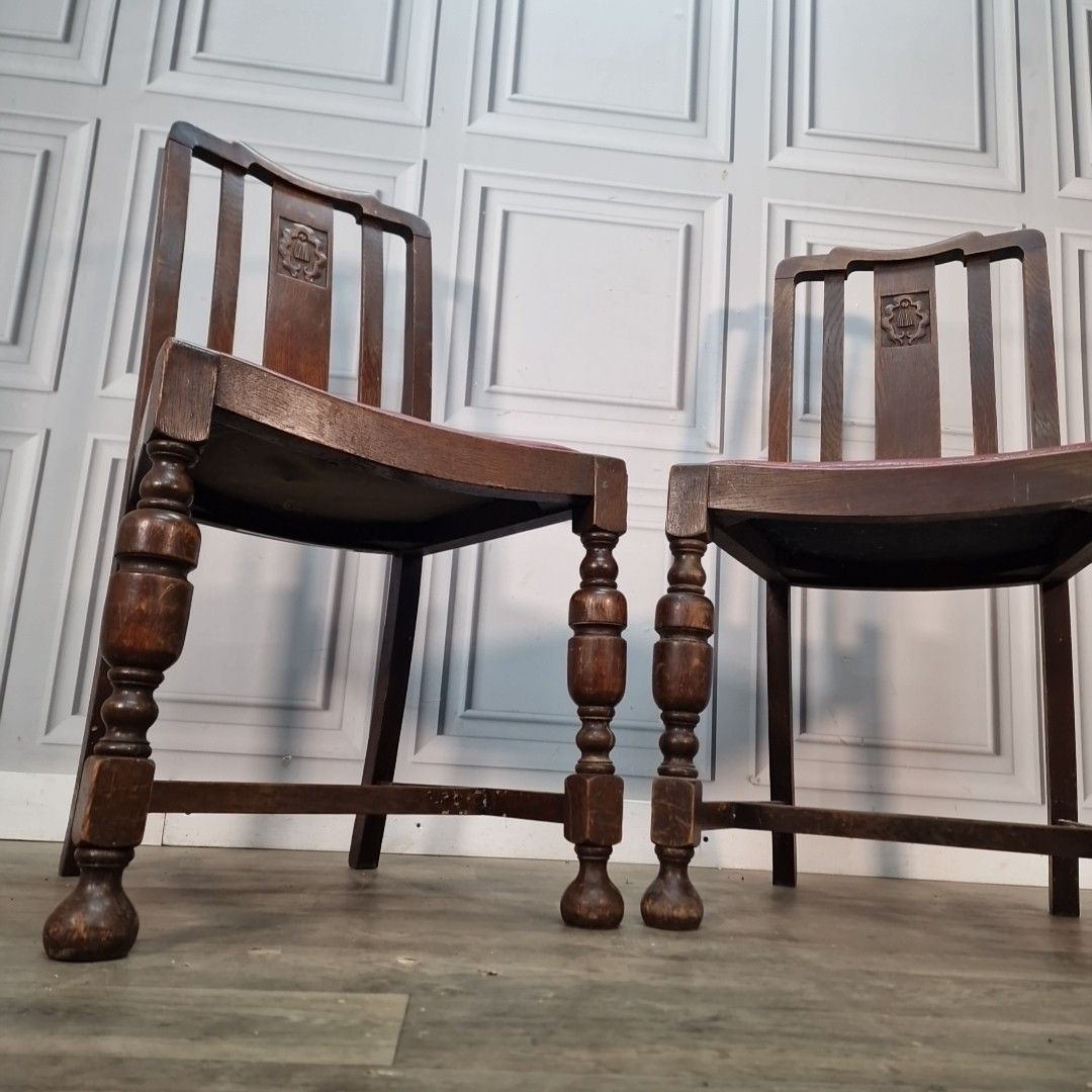 Antique Oak Dining Chairs Red Leather Seats Pair Arts & Crafts Vintage Seats photo for sale