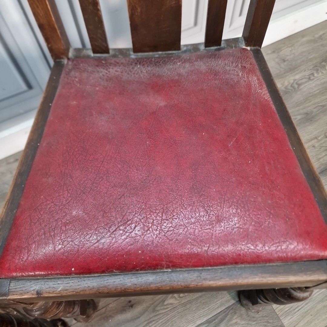 Antique Oak Dining Chairs Red Leather Seats Pair Arts & Crafts Vintage Seats photo vinterior