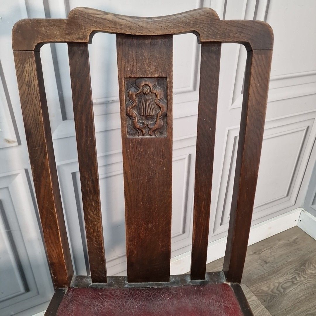 photo for sale Antique Oak Dining Chairs Red Leather Seats Pair Arts & Crafts Vintage Seats