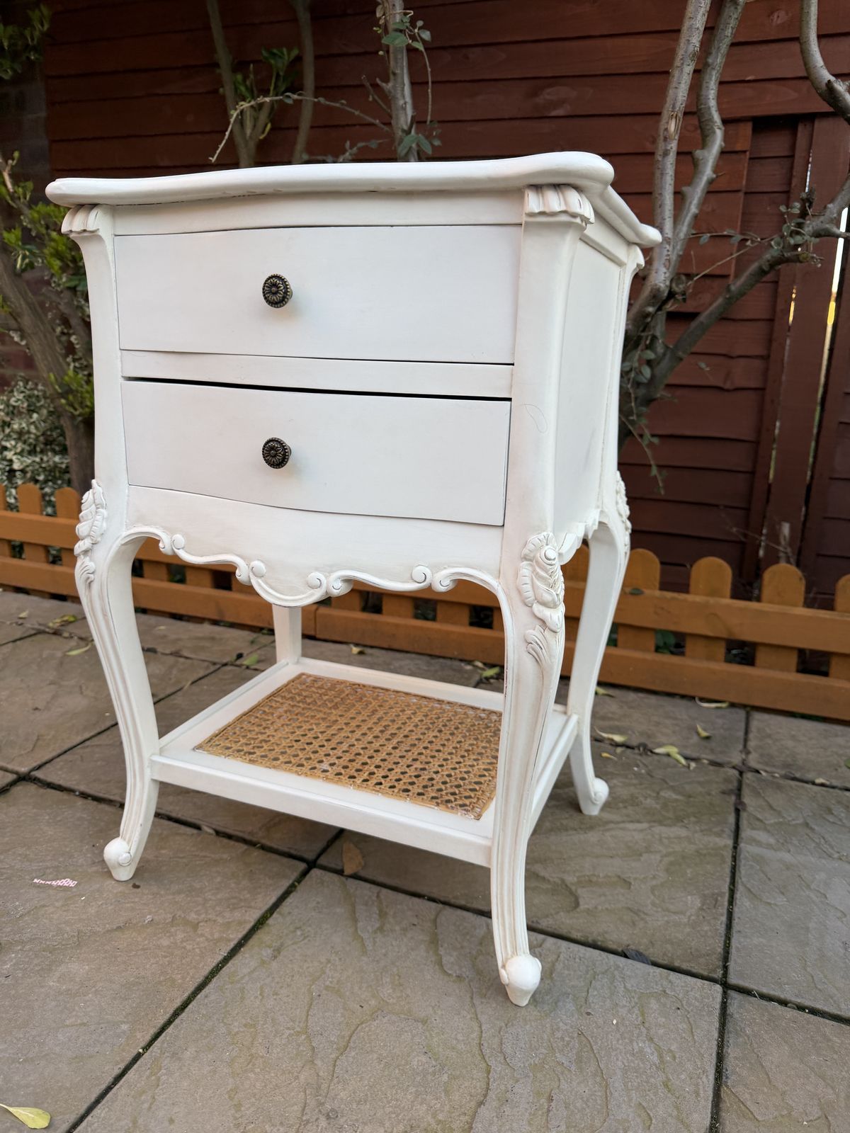 Beautiful Coach House Provence French Style 2 Draw White Bedside Table With Rattan – Superb Condition – £334 photo Furniture