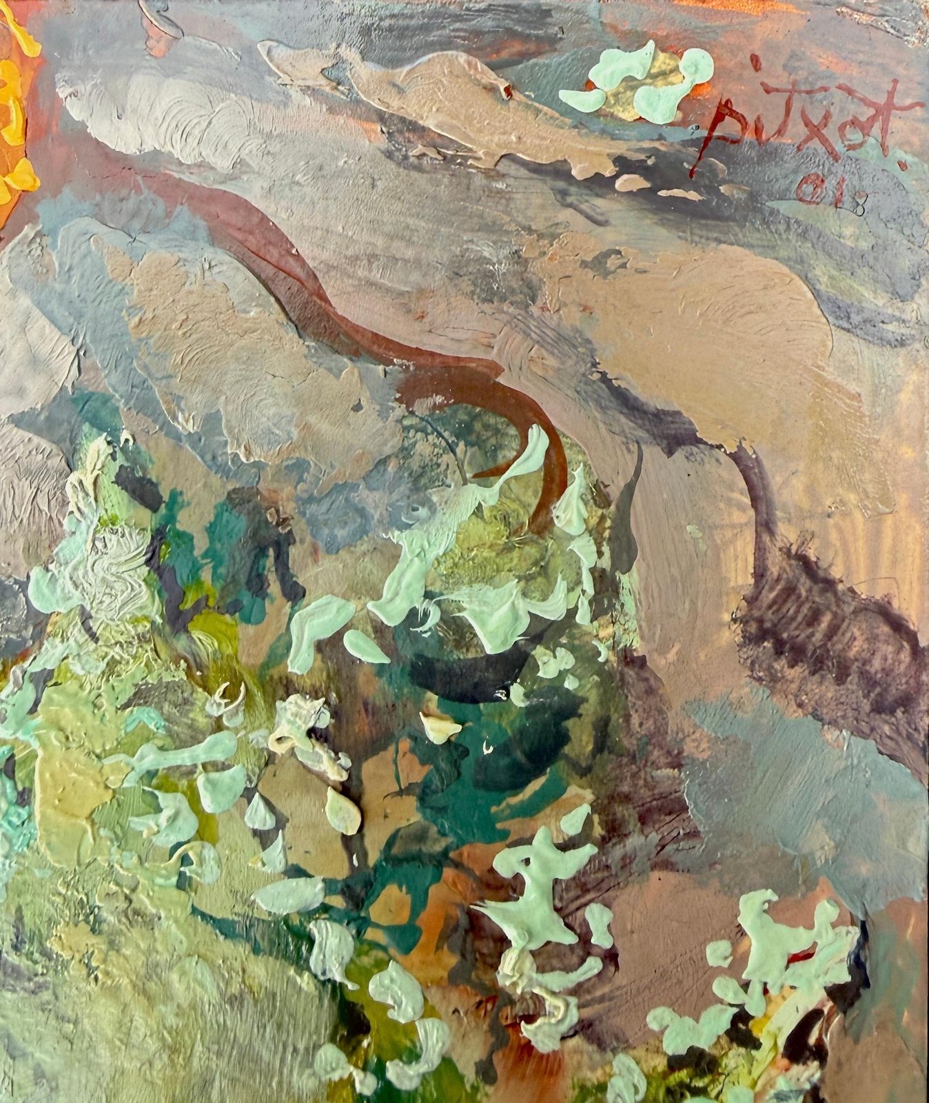 Antoni Pitxot Signed Oil Painting Cadaqués 2001 – Organic Surreal Composition On Cardboard 2001 photo furniture