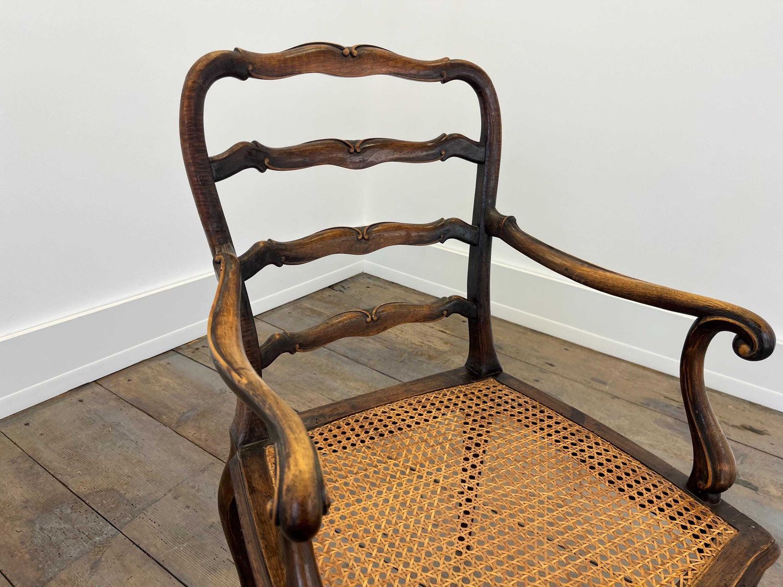 Antique French Rattan Armchair / Hand Carved Wood / 1890s photo furniture