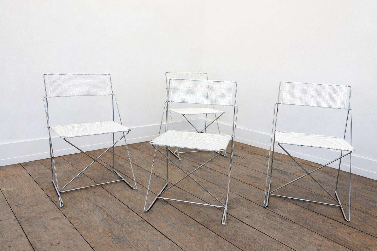Set Of 4 Designer Chairs By Niels Jorge Haugesen X Line / Mcm Metal Dining Chairs / Italian Dining Chairs 80s
