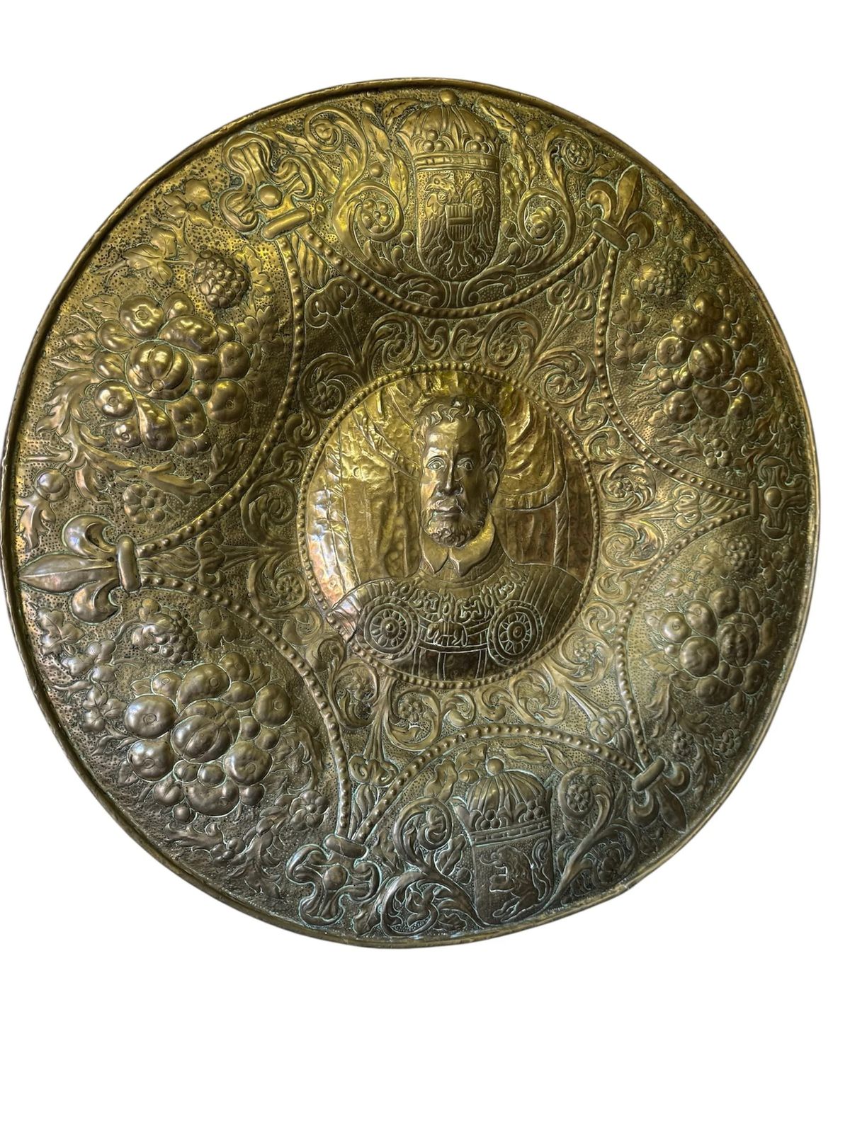 Huge Antique Dutch 18th Century Brass Wall Charger Of Noble Gentleman