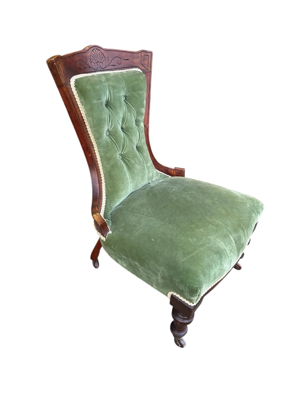 Antique Victorian Upholstered In Original Green Velvet Button Back Nursing Chair photo for sale