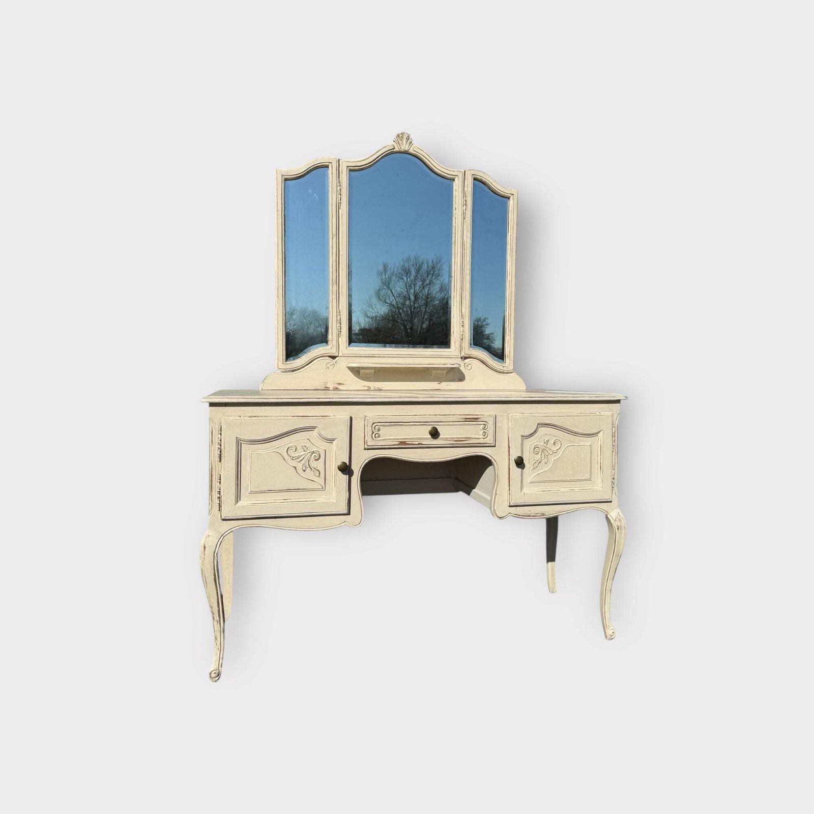 Vintage Painted French Dressing Table 1 Drawer, 2 Cupboards & 3 Way Mirror photo for sale