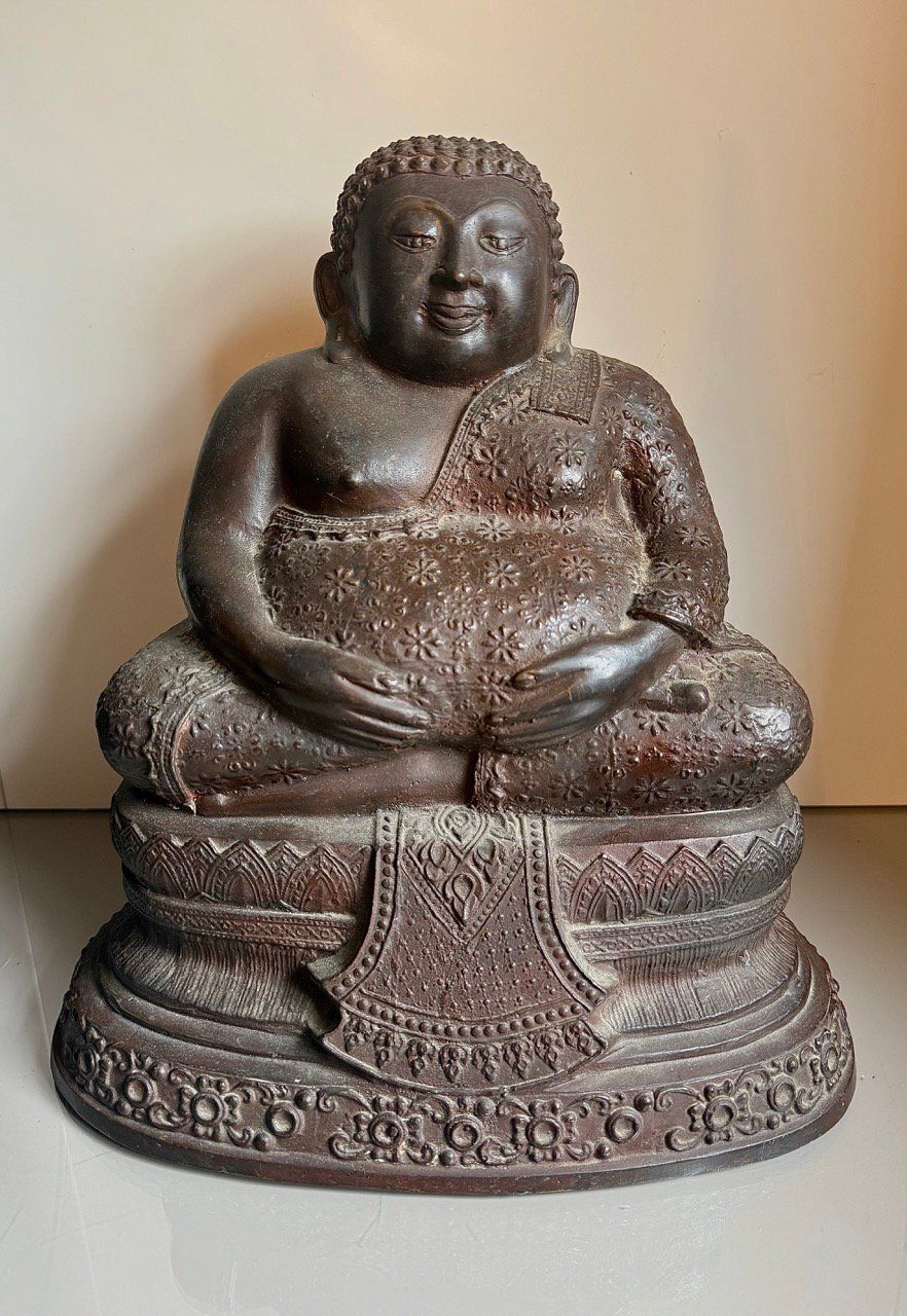 Large Seated Thai Bronze Buddha With Robe Detailing And Inscription