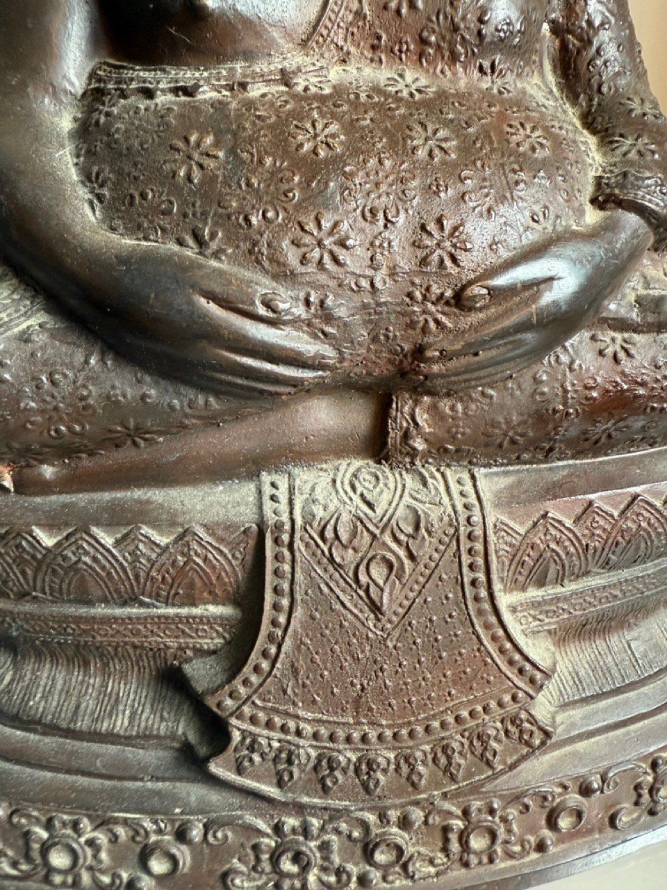 Large Seated Thai Bronze Buddha With Robe Detailing And Inscription photo for sale