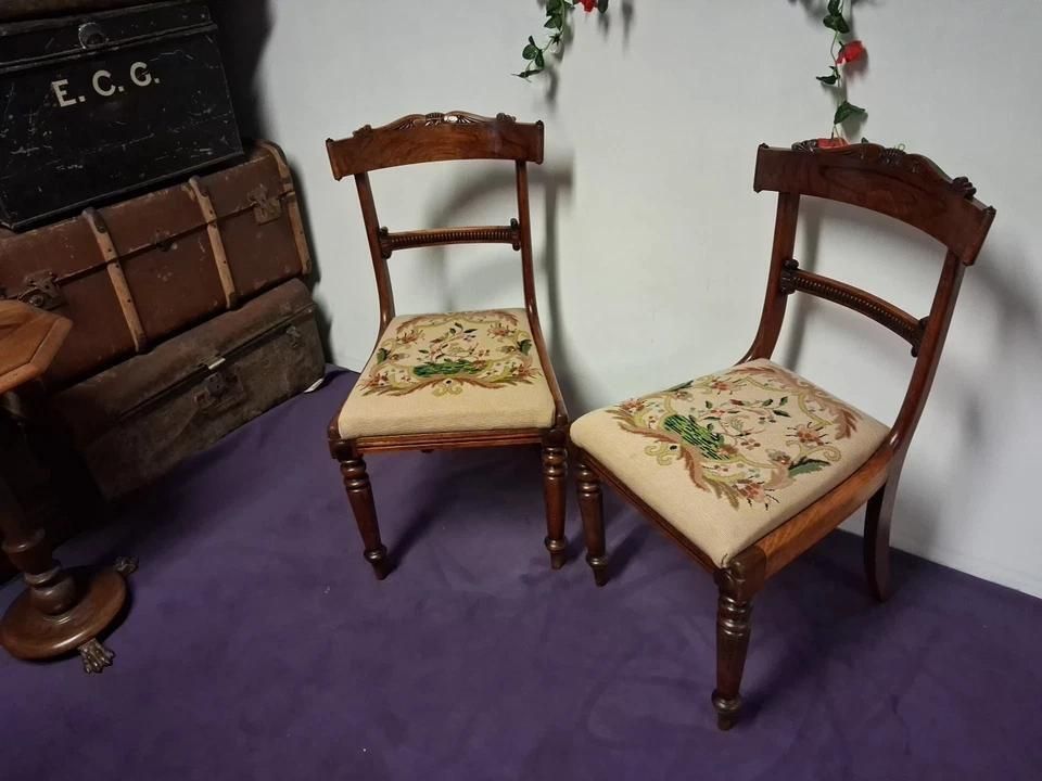 Vintage Pair Of Chairs In Regency Style & Needlepoint Seat Cushion photo vintage