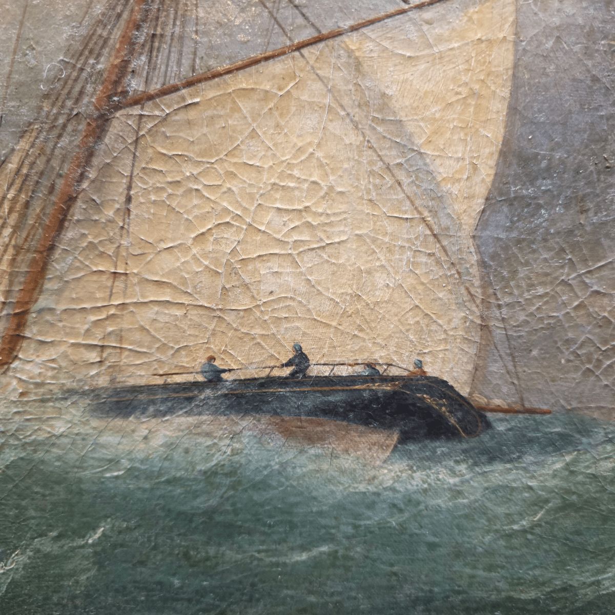 Antique Painting With A Sailboat On A Rough Sea, From Around 1900 photo for sale
