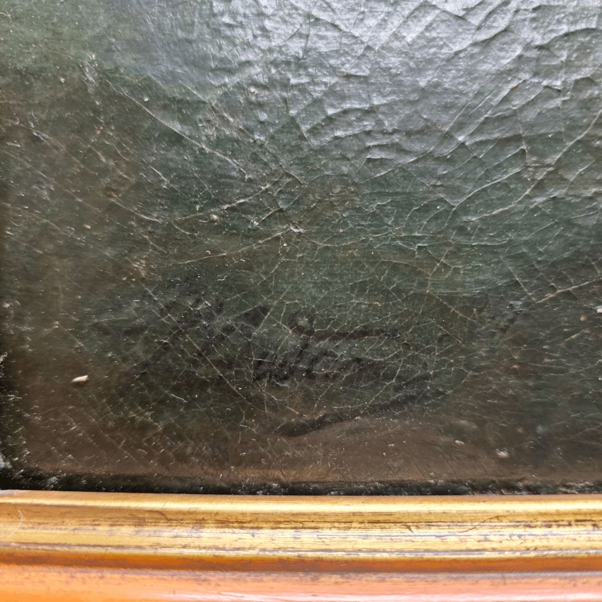 Antique Painting With A Sailboat On A Rough Sea, From Around 1900 photo vinterior
