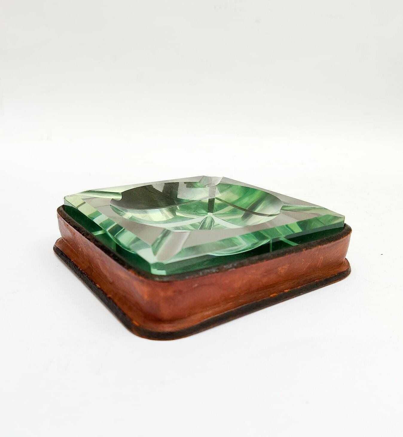 Fontana Arte Style Thick Glass Ashtray With Leather Base, Vintage Space Age Design photo for sale