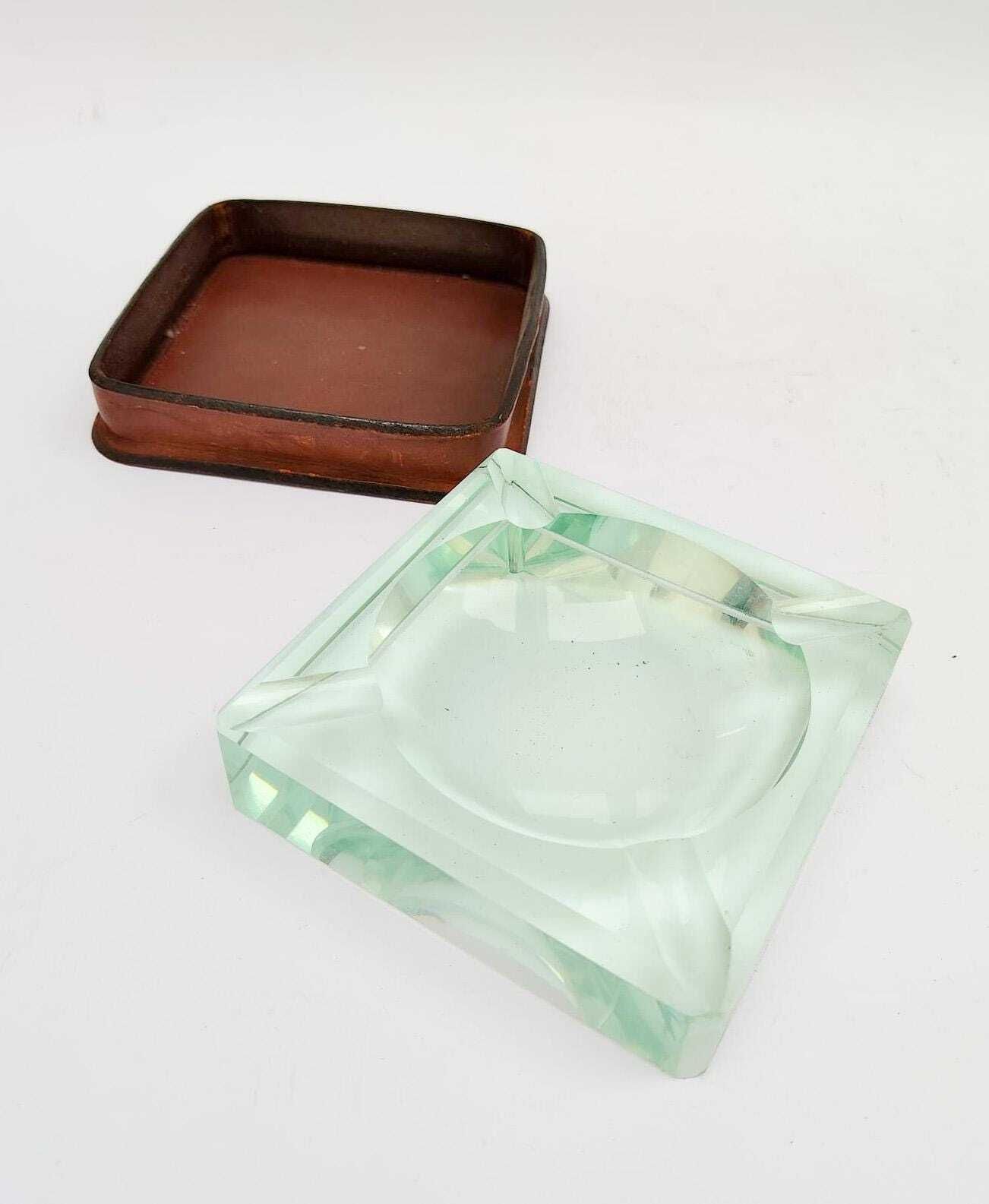 Fontana Arte Style Thick Glass Ashtray With Leather Base, Vintage Space Age Design photo 182.0