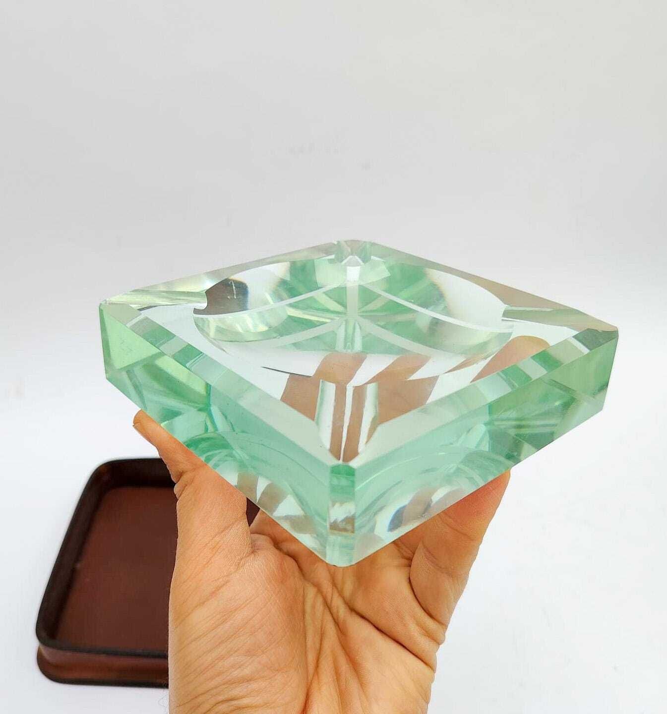Fontana Arte Style Thick Glass Ashtray With Leather Base, Vintage Space Age Design photo vinterior