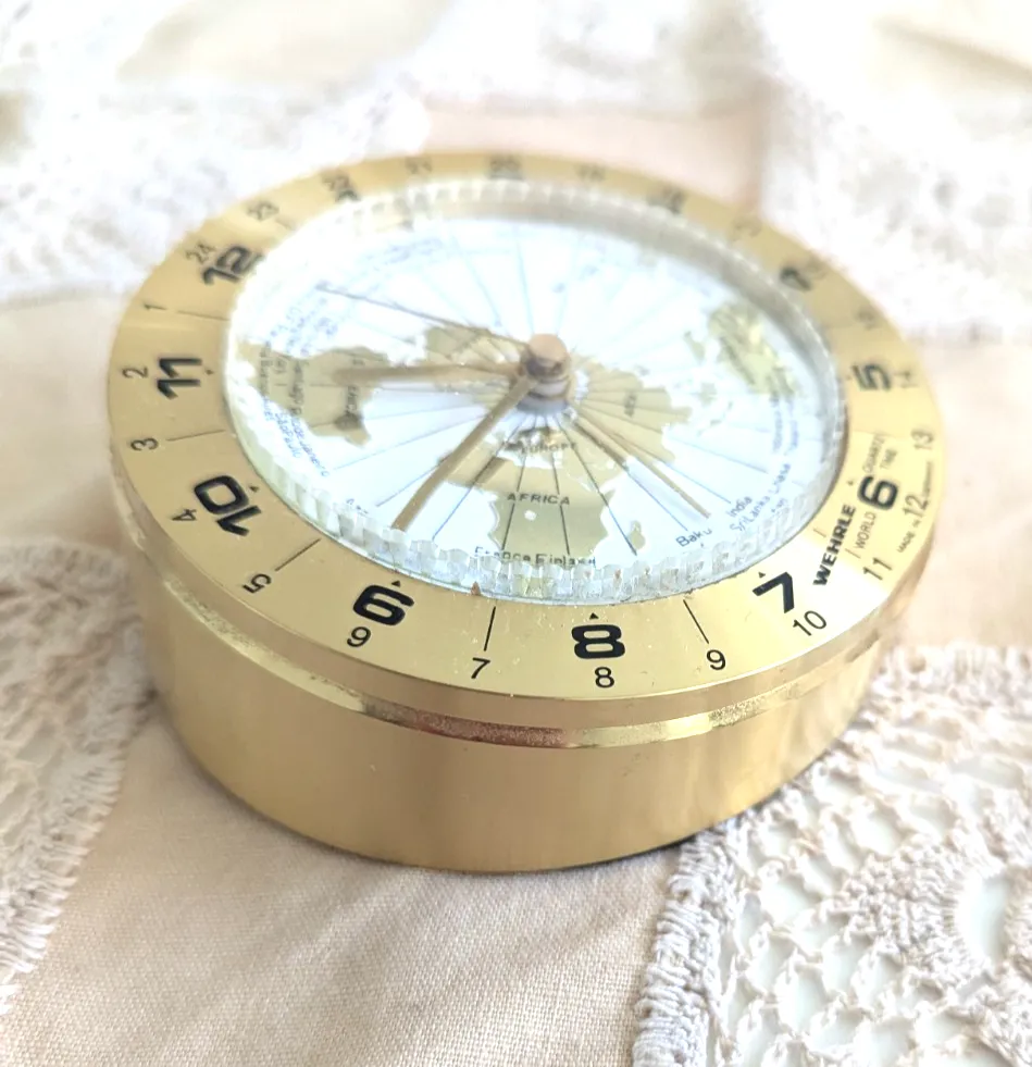Wehrle World Time Travel Alarm Clock  Brass Quartz Movement Made In Germany photo Home Decor