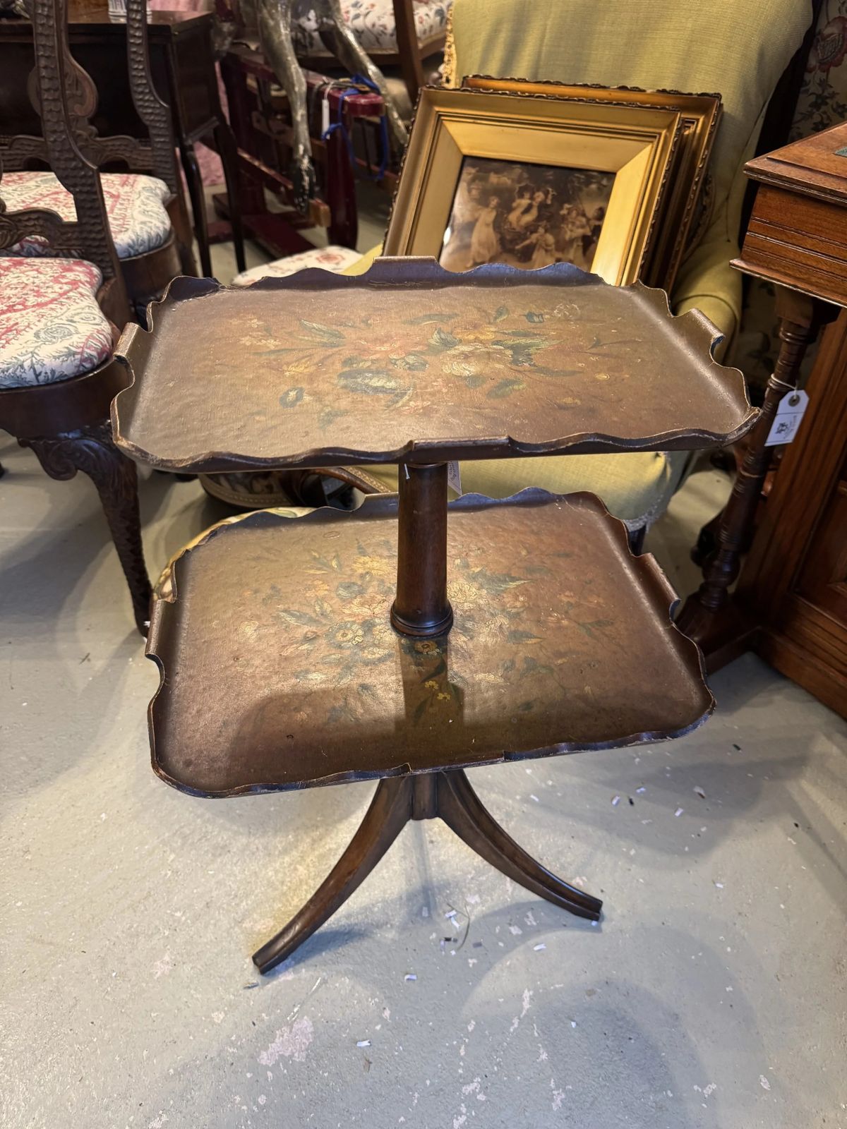 Antique Victorian Hand Painted Paper Mache Two Tier Dumb Waiter Stand photo furniture
