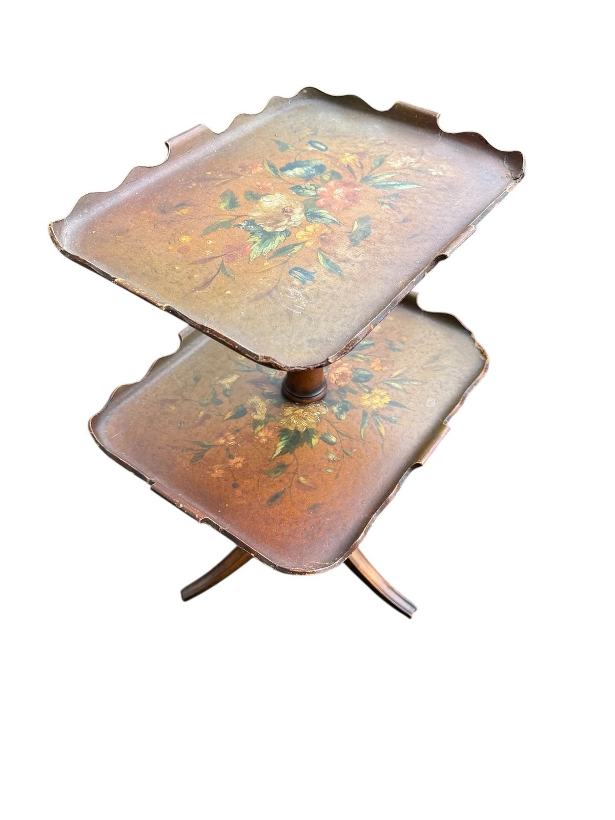 Antique Victorian Hand Painted Paper Mache Two Tier Dumb Waiter Stand photo vinterior