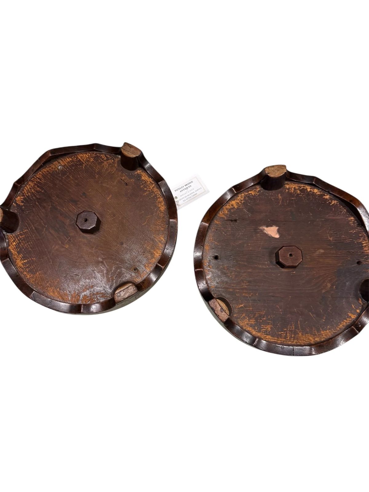 Antique Victorian Pair Of Round Dark Mahogany Framed Footstools Recovered Designer Linen Parrot & Grapes Fabric photo 98.0
