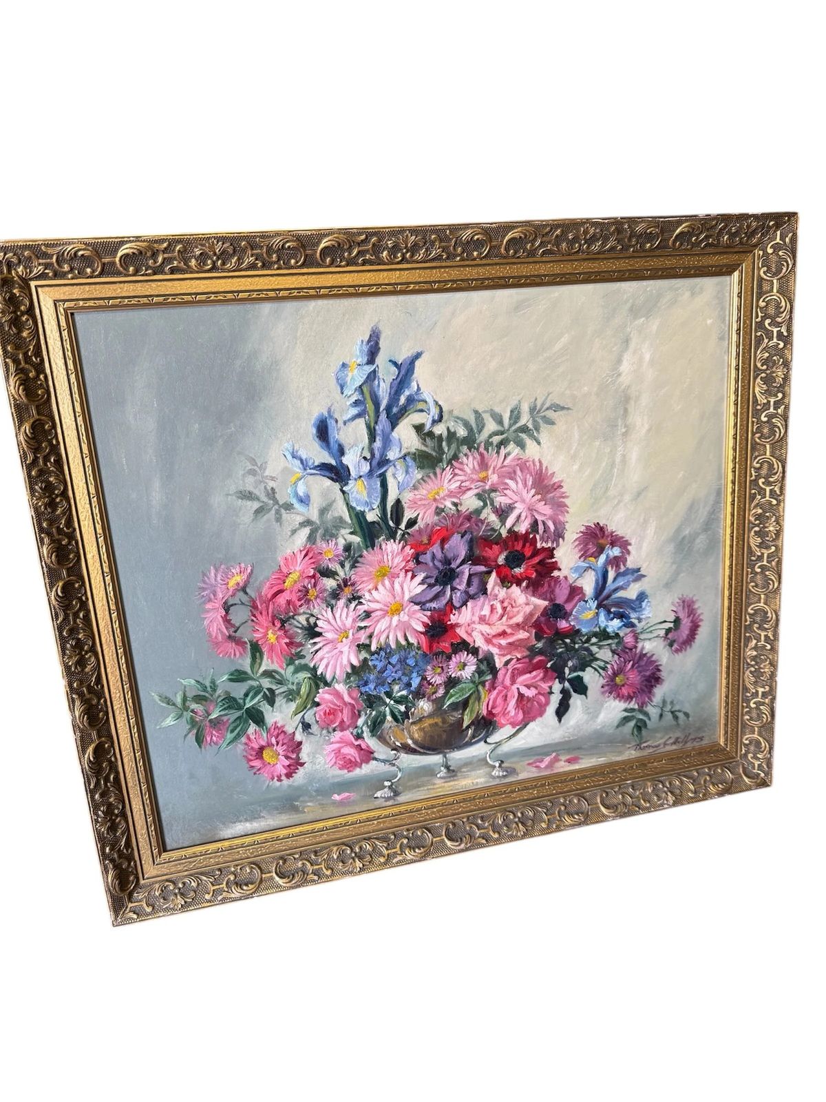 Vintage Mid Century Colourful Oil On Canvas Painting In Ornate Gilt Frame