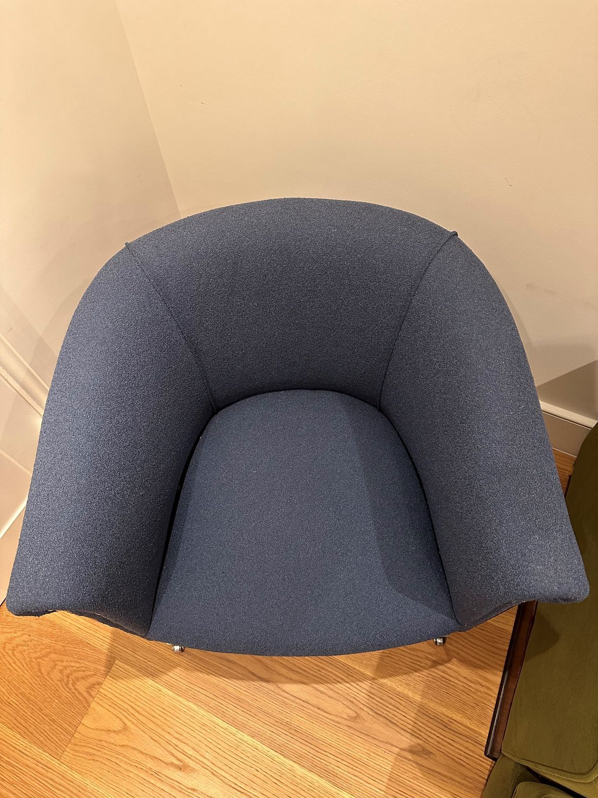 2 X Newly Upholstered Matching Bucket Arm Chairs (Lux Blue Boucle Fabric) photo for sale