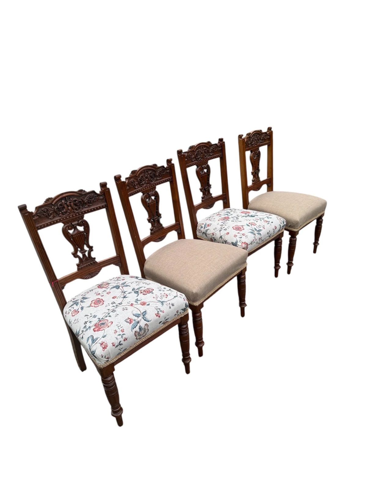 Antique Edwardian Carved Mahogany Dining Chairs Recovered Designer Fabric Set Of Four photo furniture