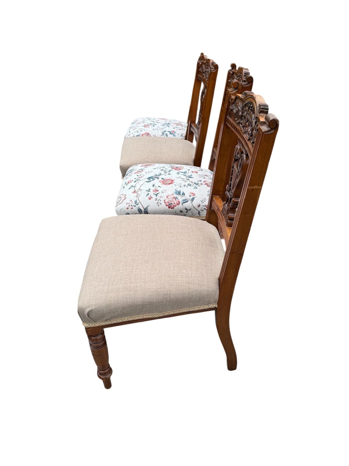 Antique Edwardian Carved Mahogany Dining Chairs Recovered Designer Fabric Set Of Four photo vinterior