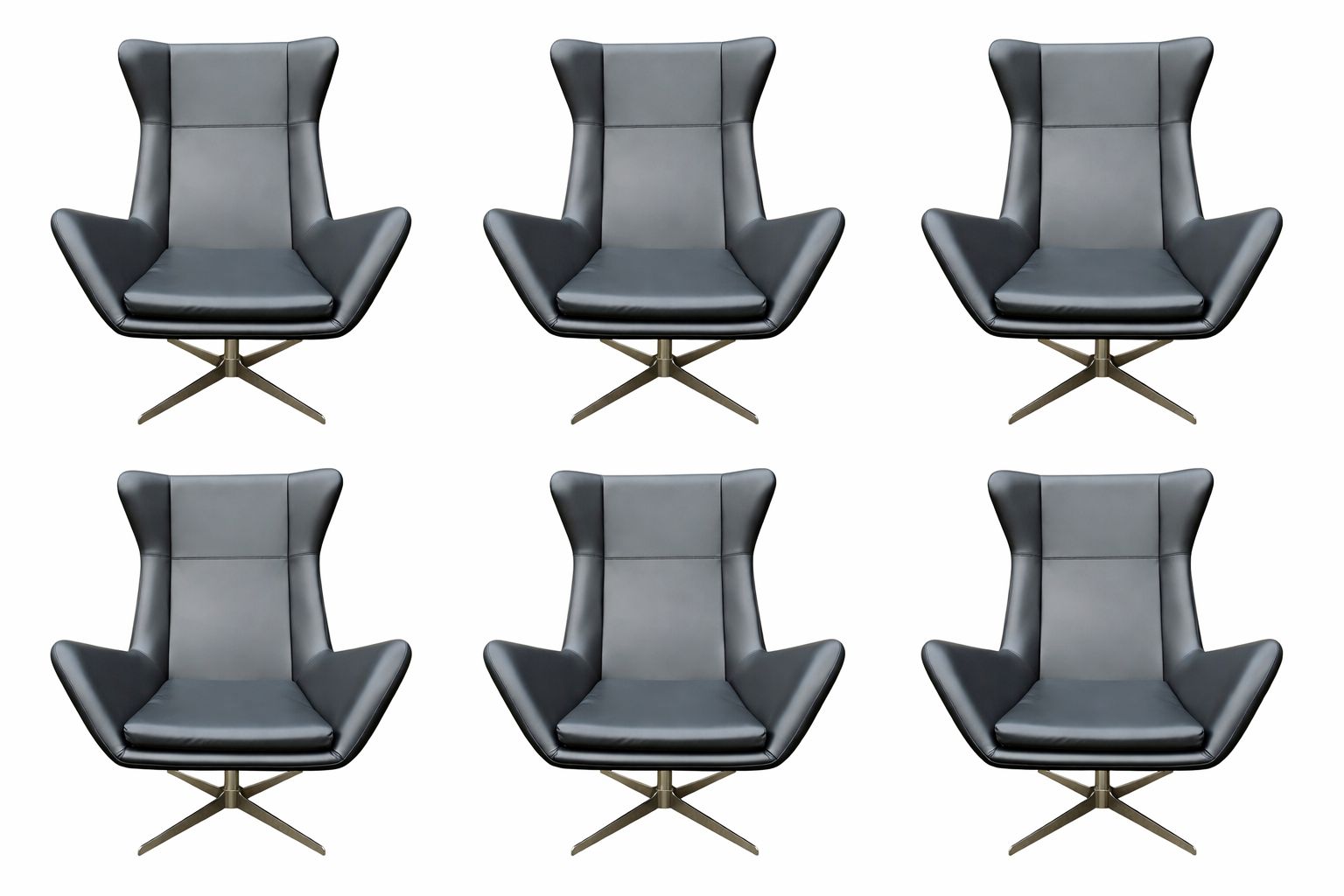 Set Of 6 1970's Vintage Swivel Office Chair, Reupholstered In Black Leather
