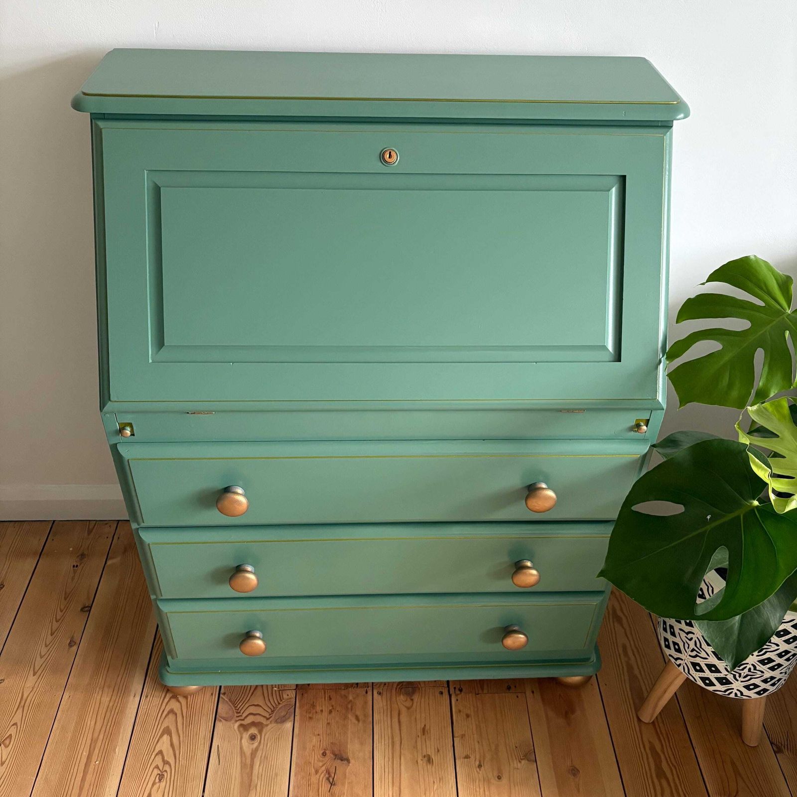 Vintage Sage Green Bureau With Gold Accents/Hand Painted Writing Desk/Mid Century Home Office/Emerald Gold Upcycled Furniture photo for sale