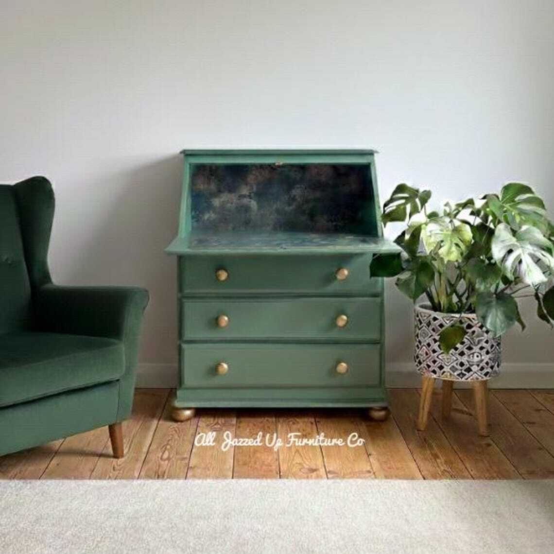 Vintage Sage Green Bureau With Gold Accents/Hand Painted Writing Desk/Mid Century Home Office/Emerald Gold Upcycled Furniture photo vintage