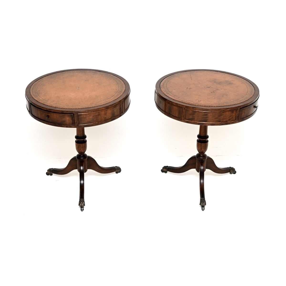 Pair Of Antique Mahogany Leather Top Drum Tables