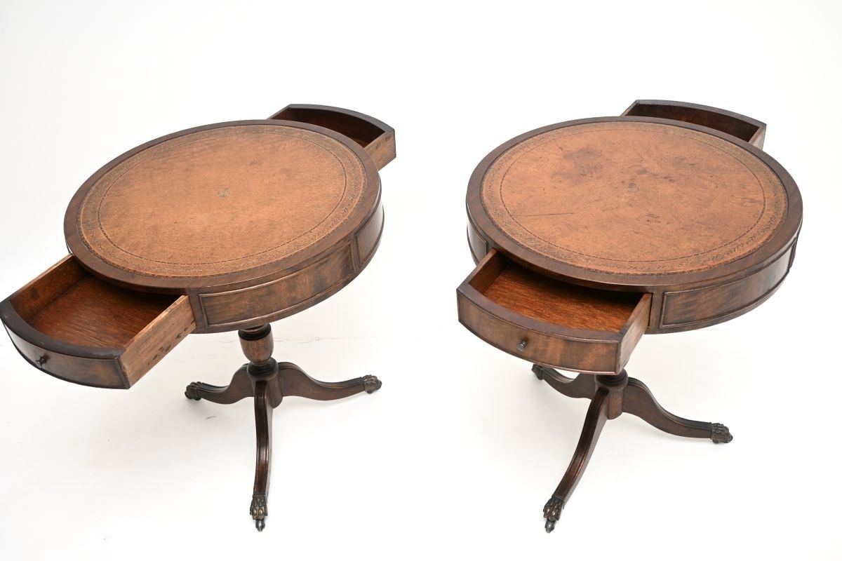 Pair Of Antique Mahogany Leather Top Drum Tables photo vintage