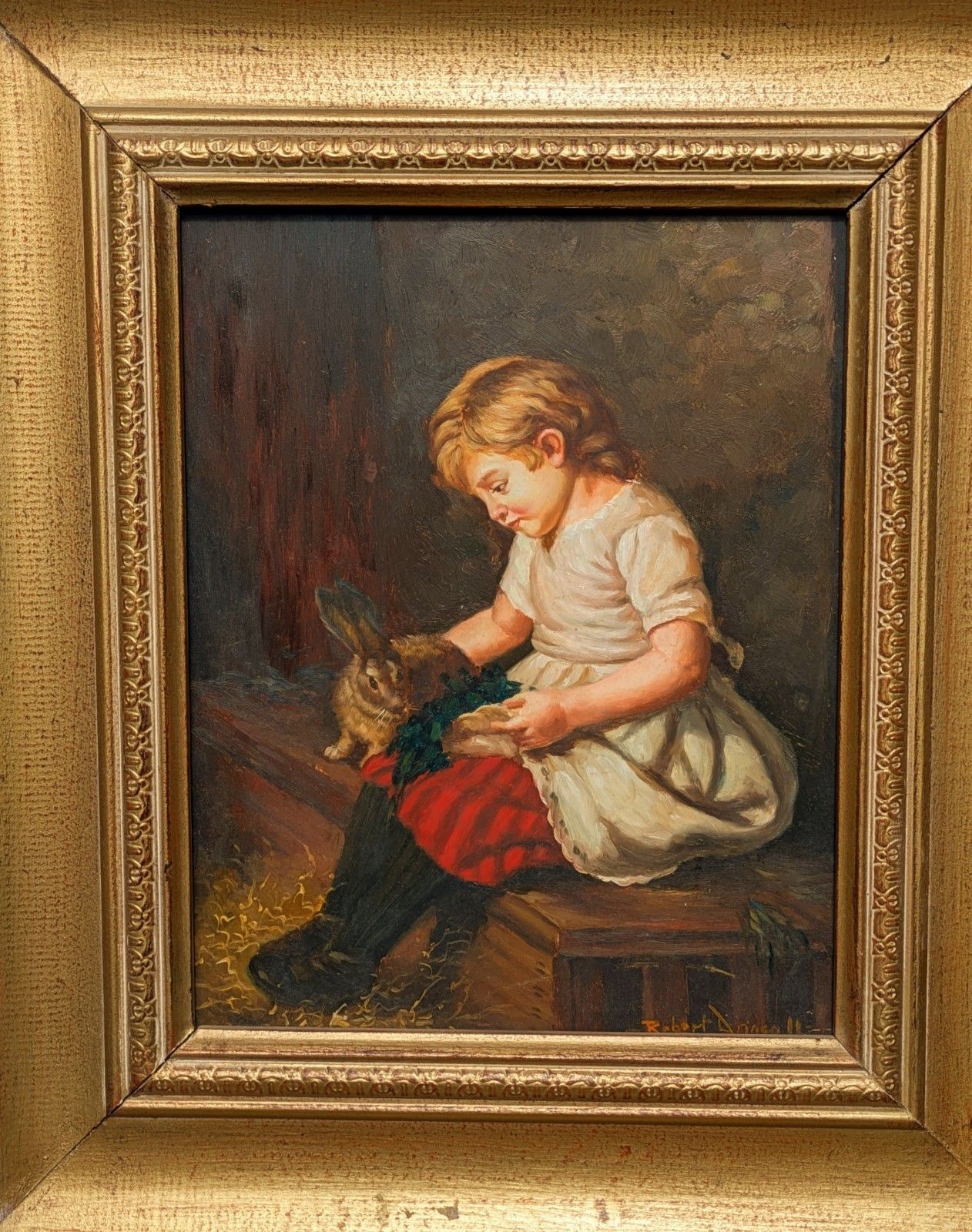 19th Century Oil Painting On Oak Panel Girl & Rabbit photo Art