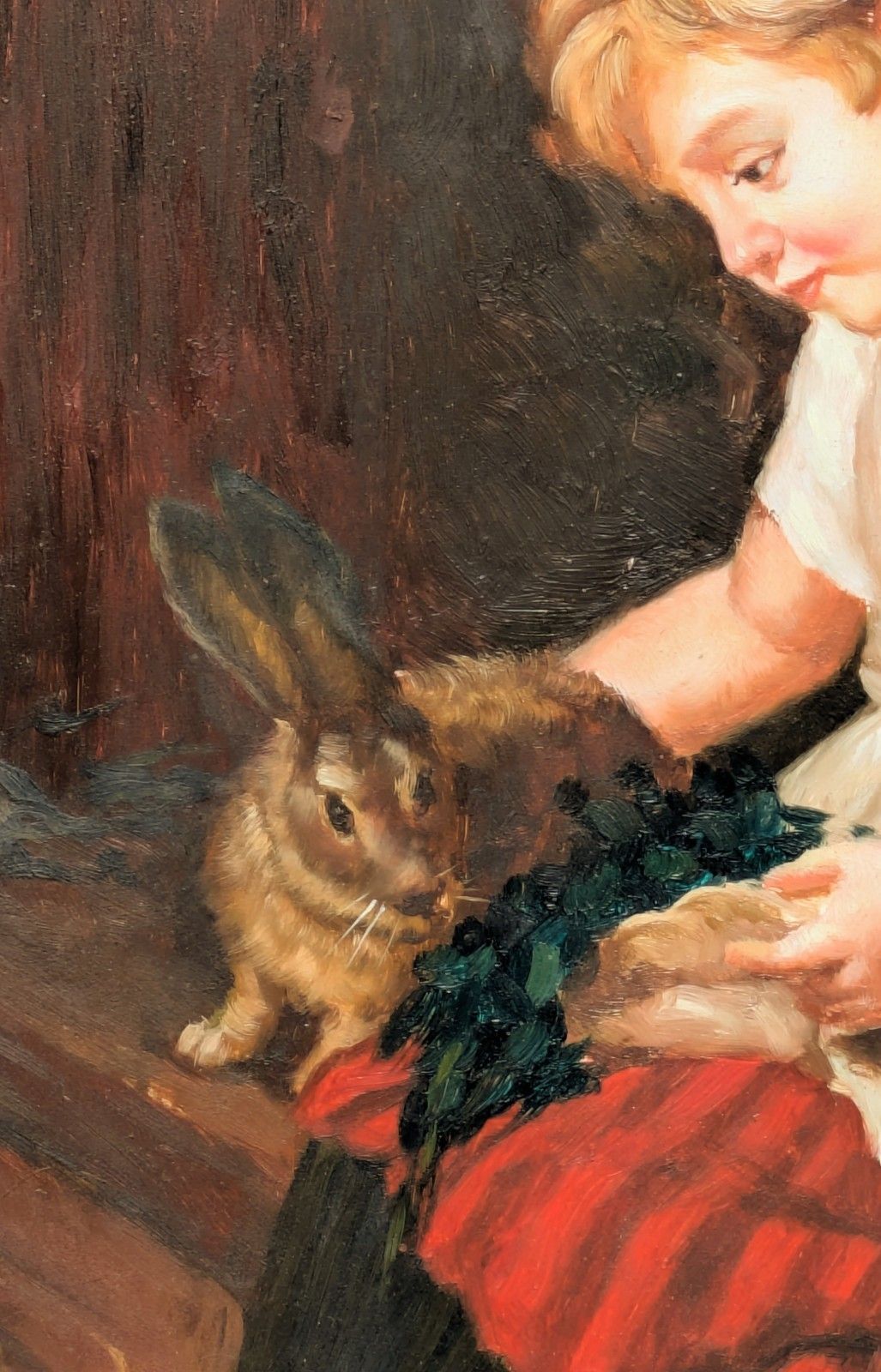 19th Century Oil Painting On Oak Panel Girl & Rabbit photo 345.0