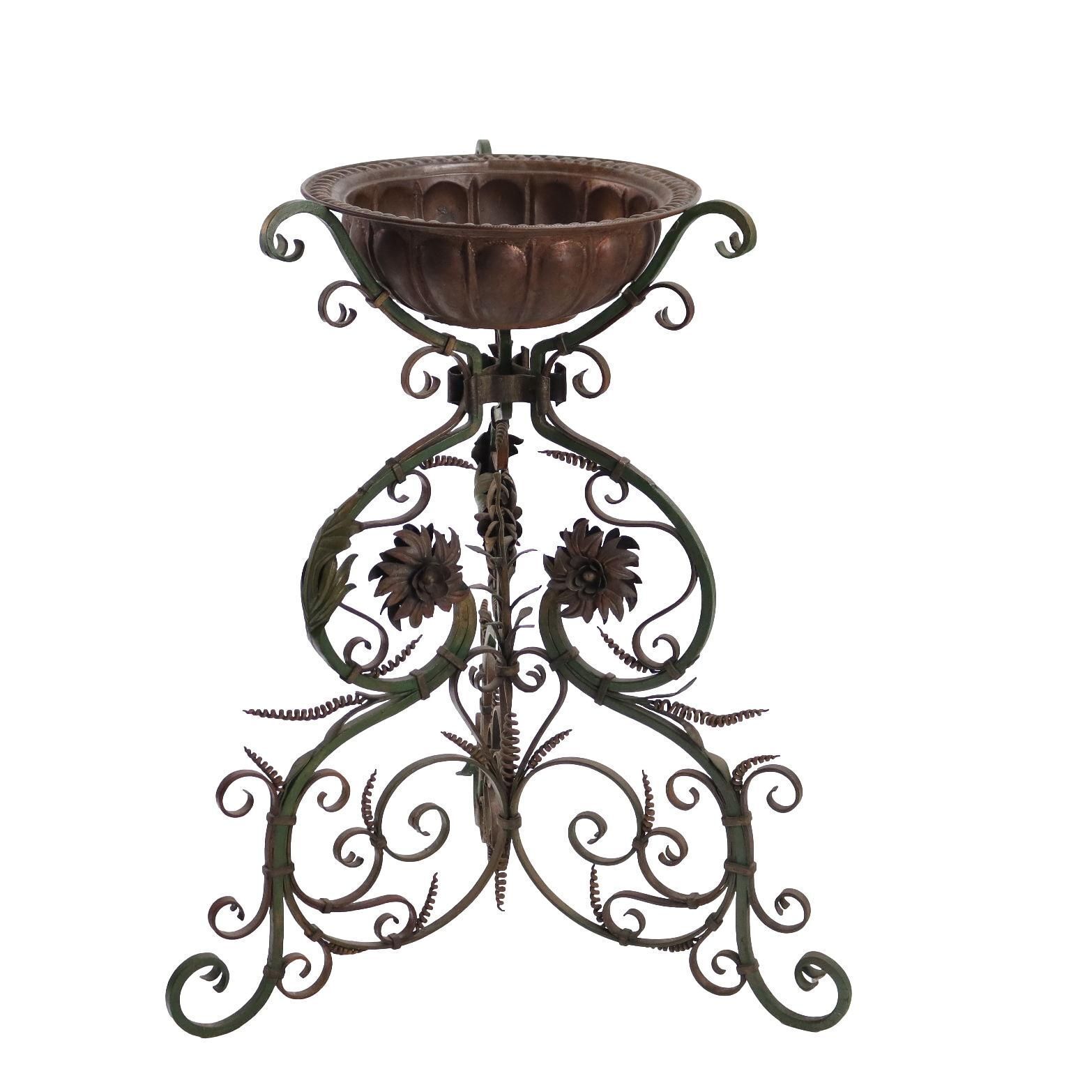 Antique Trestle Wrought Iron With Copper Basin Early XX Century